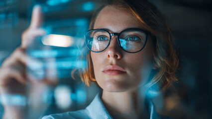 Focused woman professional with glasses in modern office using holographic interface. Female scientist interacts with futuristic technology data