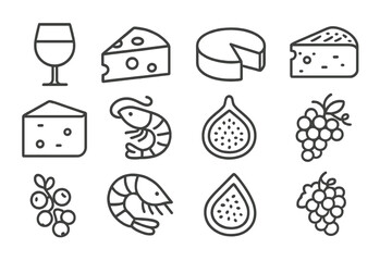 Gourmet food and drink icons including wine, cheese, shrimp, figs, and grapes