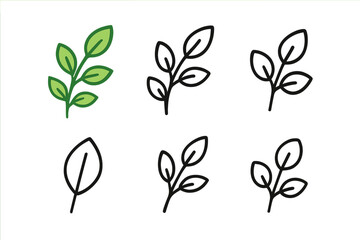 Minimalist collection of simple green foliage and outline icons representing natural elements and organic growth