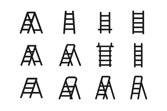 Outline icons set showing various types of step ladders and climbing equipment