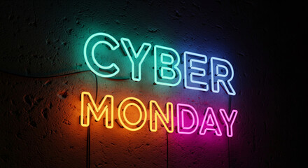 Illuminated neon sign "Cyber Monday" on textured wall, colorful light. It showcases retail event, promotion, and commercial activity season