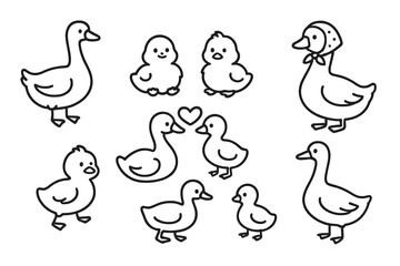 Cute cartoon duck and gosling line art icons in various poses