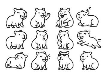 Charming capybara character set displaying various emotions and activities