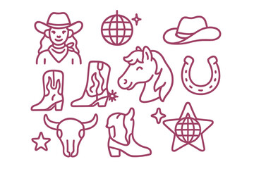 Set of Cowboy and Western Themed Outline Icons
