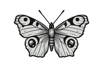Monochrome stylized butterfly with prominent eyespots and detailed body engraving