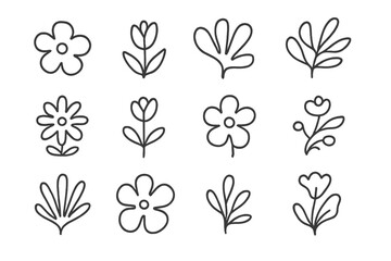 Twelve simple doodle line art floral and botanical icons for nature designs