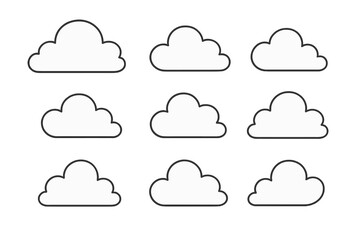 Nine simple outline cloud shapes in various styles for weather concepts
