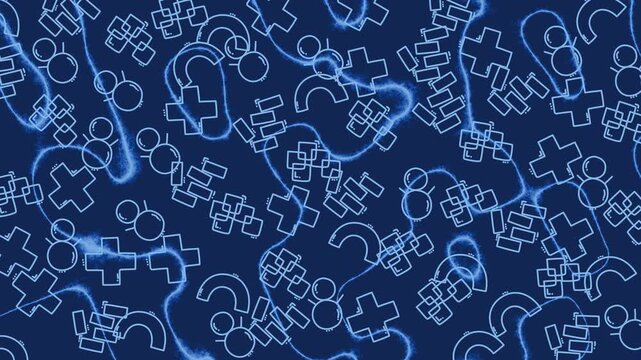 An animated pattern of many plus and question marks with gear icons and blue lines. Suitable for technology concepts and problem-solving in design projects.