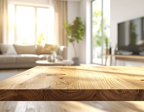 Sunny modern room with wood table, sofa, tv, window