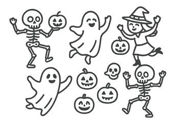 Skeletons and ghosts celebrate Halloween with pumpkins in a lively gathering scene