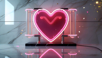 Neon heart sign Valentine's Day vector glowing retro futuristic love signage on glossy marble background perfect for party posters banners and digital designs high-res