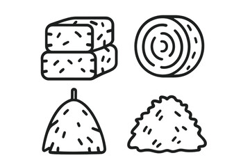 Agricultural dry grass and straw forms including round bales, stacked bales, and haystacks