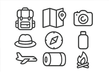 Essential line icons for outdoor adventure gear: backpack, map, camera, compass, campfire