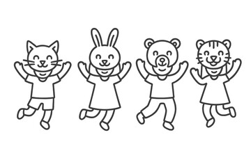 Naklejka premium Simple black and white four cheerful animal characters jumping with raised hands