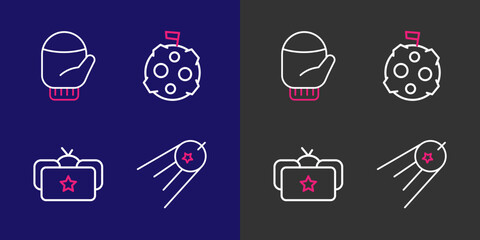 Set line Satellite, Ushanka, Moon with flag and Christmas mitten icon. Vector