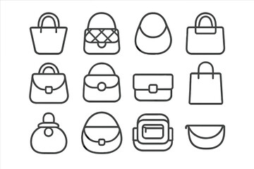 Minimalist drawings of various women's fashion handbags and purses for shopping and retail