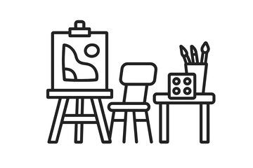 Art studio setup with easel, canvas, chair, paintbrushes, and palette