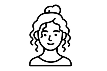 Minimalist black and white portrait of a smiling woman with curly hair and a high bun hairstyle