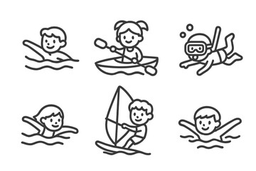 People engaged in summer water sports activities including swimming, kayaking, snorkeling, and windsurfing