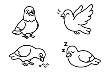 Adorable cartoon pigeon character set in four different poses standing flying eating sleeping