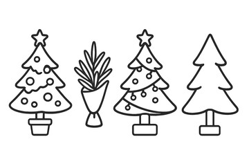 Stylized set of evergreen trees and festive plants in simple line art style