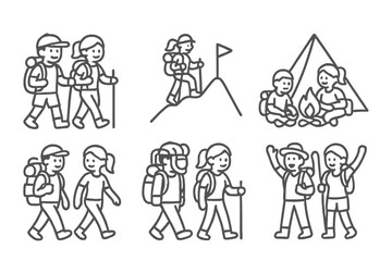 Outline figures depicting couples and friends enjoying outdoor hiking and camping adventures