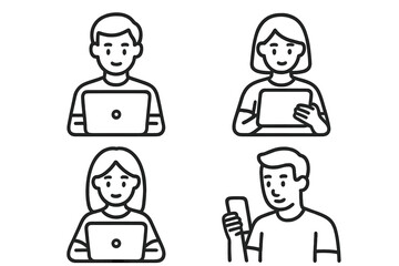 Diverse group of young professionals and students using laptops, tablets, and mobile phones