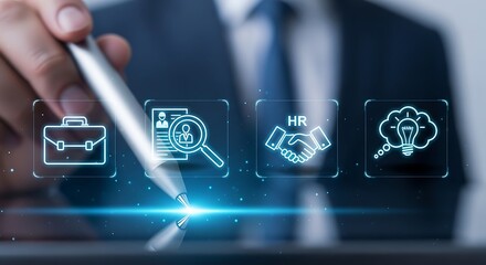 A professional using a stylus to interact with digital icons representing hr recruitment and business solutions