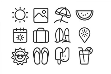 Minimalist outline symbols representing various summer vacation and beach holiday activities