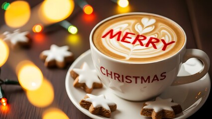 Festive cappuccino with merry christmas message and holiday treats in warm lighting