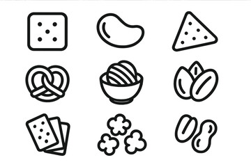 Minimalist line art set depicting common party and movie night snacks including popcorn chips and nuts