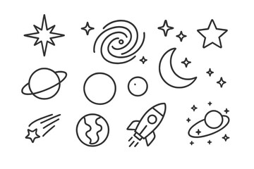 Minimalist outline symbols of space and universe elements including planets, stars, moon, and rocket