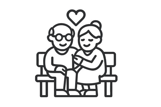 Elderly couple sitting together on a park bench showing affection and lasting romantic love