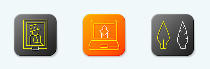 Set line Portrait in museum, Online and Stone age arrow head icon. Vector