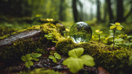 Magical glass sphere crystal ball holding reflection of green forest. serene nature scene shows miniature world on mossy ground