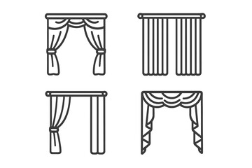 Four distinct window treatments including various curtain and drape styles in outline graphic set
