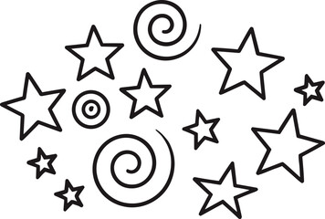 Abstract star and spiral pattern illustration, black outline vector design, concentric circles, decorative geometric shapes, whimsical background, cad drawing flat style