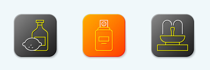 Obraz premium Set line Limoncello bottle, Perfume and Fountain icon. Vector