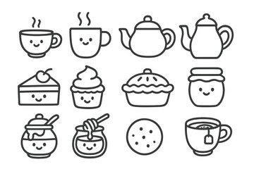 Kawaii style outline drawings of sweet food and hot drinks like teapots, cups, cake, and honey jars