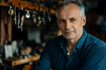 Generative AI portrait of confident young male jeweler in creative studio workshop setting with soft warm lighting