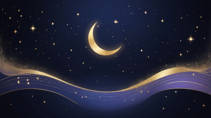 Dreamy calm night sky background with magical golden crescent moon and star. celestial space galaxy banner with serene and peaceful feeling
