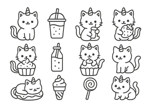 Set of adorable Caticorn characters enjoying sweet desserts and drinks in a clean outline style