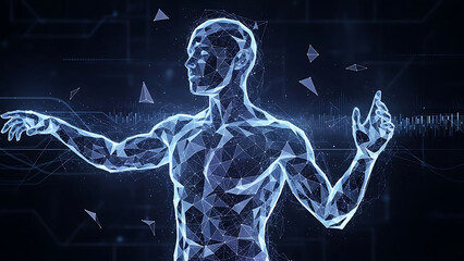Futuristic digital human form interacting with data streams
