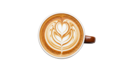Latte art in brown ceramic cup isolated PNG, coffee drink with heart pattern on transparent background, cafe beverage for menu design