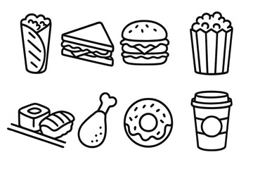Outline icons set of popular fast food and snacks including burger, sandwich, sushi, donut, and coffee