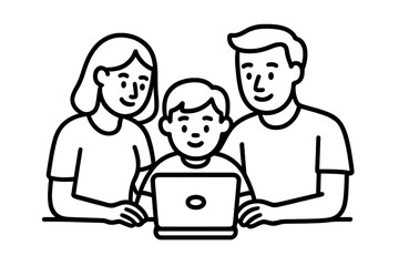 Parents and child bonding while using laptop computer for online learning at home