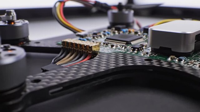 Close-up of a drones flight controller and electronic components.