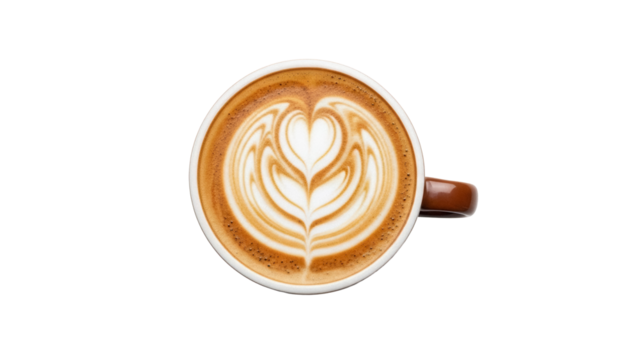 Latte art in brown ceramic cup isolated PNG, coffee drink with heart pattern on transparent background, cafe beverage for menu design - Powered by Adobe