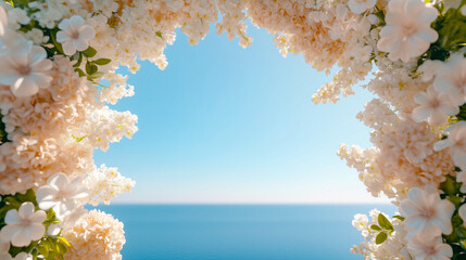 Photorealistic floral wedding archway overlooking a serene ocean view, detailed blossoms and natural textures, palette of ivory white, blush pink, and turquoise blue, romantic ceremony scene, AI