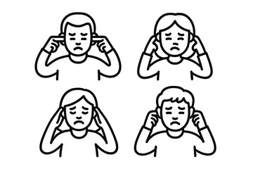 Outline avatars of people covering their ears due to loud sound or headache pain